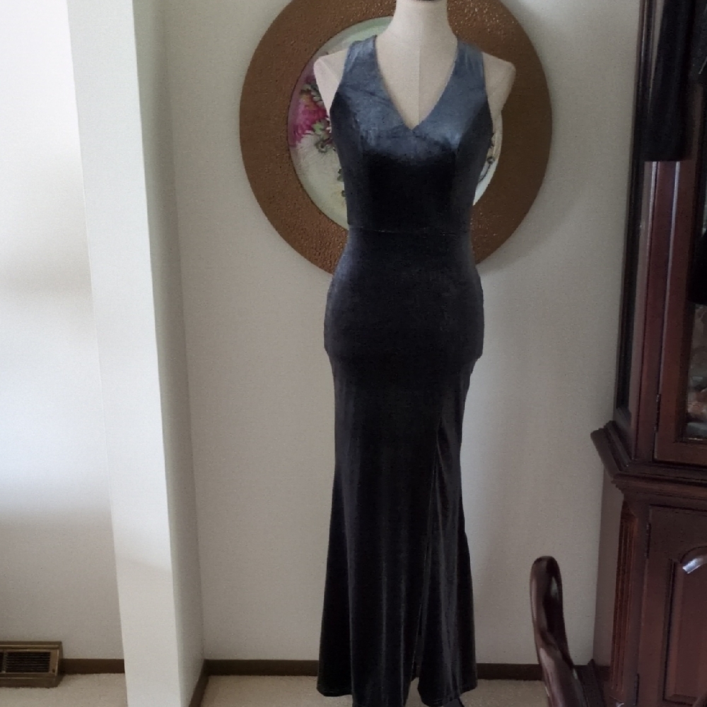 Revelry Elegant V Neckline  Dark Grey Velvet Evening Gown